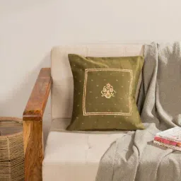 Fabindia Anar Green Cotton Silk Embroidery Cushion Cover-image-44