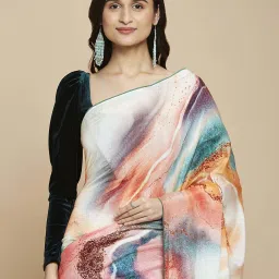 navyasa by liva Pink & Green Printed Saree With Unstitched Blouse image 5