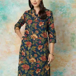 Melange by Lifestyle Blue Cotton Printed Straight Kurta-image-61