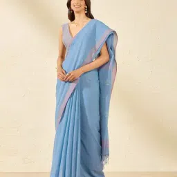 Taneira Blue Pure Cotton Jamdani Saree With Unstiched Blouse-image-16