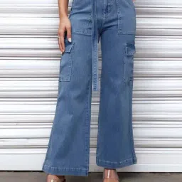 Miss Chase Mid Blue Wide Leg High Rise Clean Look Regular Length Stretchable Cargo Denim Jeans-image-50