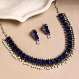 Panash Silver Plated White & Blue Stone Studded Beaded Handcrafted Jewellery Set-image-57