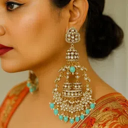 UnfoldSelf Gold-Plated Artificial Stones Studded And Beaded Geometric Drop Earrings-image-0