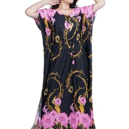 PURSA Women Black & Pink Floral Print Kaftan Nightdress-image-33