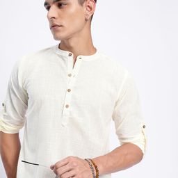 Anouk Rustic Band Collar Woven Design Roll-Up Sleeves Kurta-picture-13