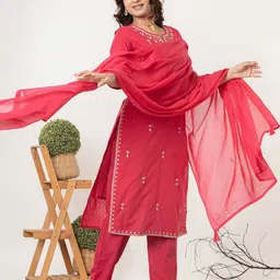 IkDaiya Women Ethnic Motifs Embroidered Regular Thread Work Pure Cotton Kurta with Trousers & With Dupatta image 3