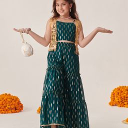 Pspeaches Georgette Sleeveless Floral Foil Printed Top With Sharara & Shrug - Teal-picture-5