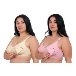 Fabme Pack Of 2 Cotton Sleeveless Solid Nursing Bras - Skin & Pink image 1