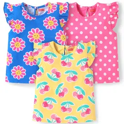 Babyhug Cotton Knit Frill Sleeves T-Shirts with Floral Berry & Polka Dots Print Pack of 3 - Blue Pink & Yellow-picture-12