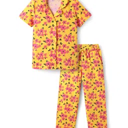 Pine Kids Single Jersey Knit Half Sleeves Co-Ord Night Suit With Floral Print - Gold-picture-16