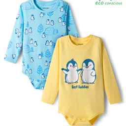 Babyoye 100% Cotton Interlock Knit Full Sleeves Onesies with Penguin Print Pack of 2 - Yellow & Light Blue-image-32