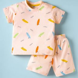 Zero Sinker Knit Half Sleeves Shorts Co-ord Night Suit with Surf Board Print - Peach-picture-23