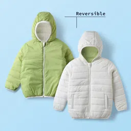 Babyhug Woven Full Sleeves Solid Hooded Padded Reversible Jacket - Light Green & White-picture-12