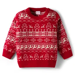 Babyhug Knitted Full Sleeves Sweater Set With Floral & Animal Design - Red image 2