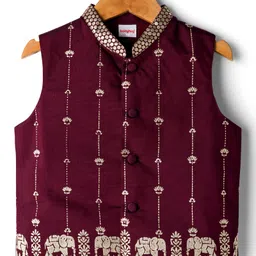 Babyhug Woven Full Sleeves Solid Kurta Payjama Set with Foil Floral & Elephant Printed Nehru Jacket - Maroon image 2