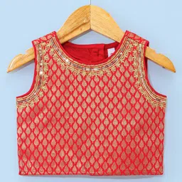 Babyhug Sleeveless Brocade Choli With Chanderi Butti Lehenga And Dupatta Set- Off White & Red image 3