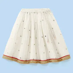 Babyhug Sleeveless Brocade Choli With Chanderi Butti Lehenga And Dupatta Set- Off White & Red image 5