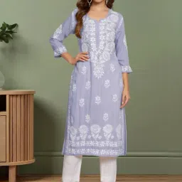 PARAMOUNT CHIKAN Lavender Hand Embroidered Chikankari Straight Kurta-image-16