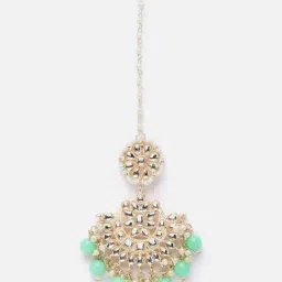 Zeneme Gold Plated Kundan Studded Lime Green Drop Pearls Maang Tikka image 4