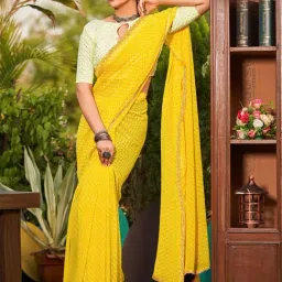 Satrani Yellow Bandhani Print Saree With Unstitched Blouse-image-59