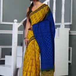 Unnati Silks Yellow & Blue Cotton Hand Block Print Saree with Unstitched Blouse-image-20