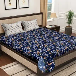 Klotthe Navy 300 TC Polycotton Double Elastic Bedsheet with 2 Pillow Covers-image-27