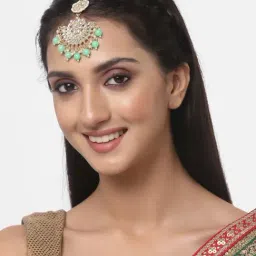 Zeneme Gold Plated Kundan Studded Lime Green Drop Pearls Maang Tikka image 3