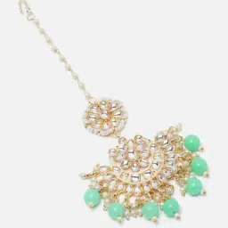 Zeneme Gold Plated Kundan Studded Lime Green Drop Pearls Maang Tikka image 5