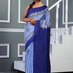 Unnati Silks Pale Blue & Navy Cotton Hand Block Print Saree with Unstitched Blouse-picture-28