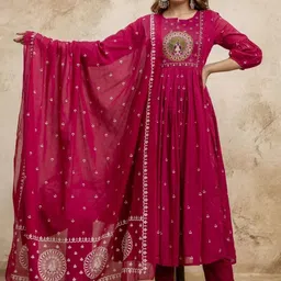 JAINICA Ethnic Motifs Printed Empire Thread Work Kurta With Trousers & Dupatta-picture-29