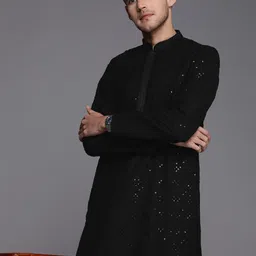 Manyavar Men Black Sequinned Silk Georgette Kurta with Churidar-picture-22