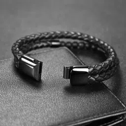 meenaz Bracelet for Men Black Leather Bracelet for boys manMagnetic-Clasp Leather Mens Beads Bracelet Evil eye Bracelets for Man Stylish Combo Silver Stainless Steel Birthday Gift Anniversary Husband image 5