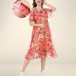 Bella Mama Woven Flutter Sleeves Maternity Dress Floral Print - Peach-picture-24