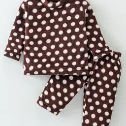 Kanvin Supersoft Extra Warm Velour Full Sleeves Winter Wear Night Suit with Polka Dots - Brown-picture-26