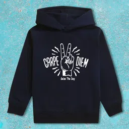 NUSYL Fleece Full Sleeves Carpe Diem Text Printed Hoodie - Navy Blue-image-43