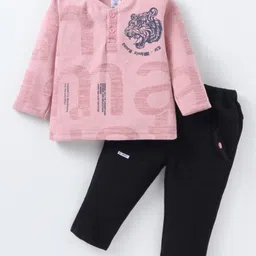 Be Baby Fleece Knit Full Sleeves Tiger Printed Winter T-Shirt & Lounge Pant Set With Henley Neck - Pink-picture-19