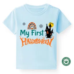 BLUSHES Halloween Theme 100% Cotton Half Sleeves My First Halloween Text Printed Tee - Powder Blue-picture-19