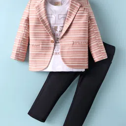 Rikidoos Cotton NYC Text Printed Tee & Pant With Full Sleeves Striped Blazer Set - Peach & Navy Blue-picture-29