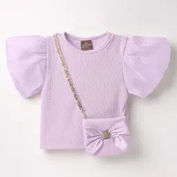 Little Kangaroos Knit Half Puffed Sleeves Solid Color Textured Top with Sling Bag - Lilac-picture-15