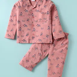 Mini Taurus Knitted Full Sleeves Co-ords Night Suit With Bird Print - Light Red-picture-13