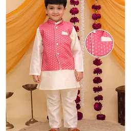 AJ Dezines Cotton Woven Full Sleeves Solid Kurta Pyjama With Floral Motif Foil Printed Jacket Set - Pink-picture-29