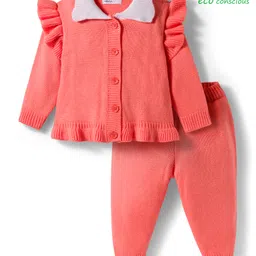 Babyoye Cotton Woven Full Sleeves Solid Dyed Sweater Set - Coral-image-32