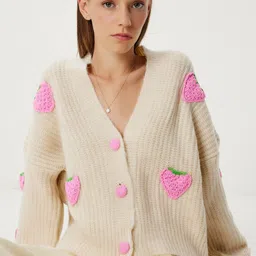 Happiness istanbul Women V-Neck Long Sleeves Ribbed Cardigan With Applique Detail-picture-10