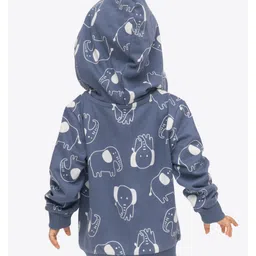 Ariel Cotton Knit Full Sleeves Elephants Printed Hooded Jacket - Blue image 3
