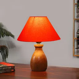 Devansh Orange & Brown Textured Wooden Frusturical Shaped Table Lamp image 2