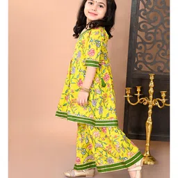 Superminis Cotton Half Sleeves Lace Embellished Floral Printed Kurta With Coordinating Sharara Set - Yellow image 4