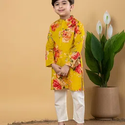 READIPRINT Cotton Full Sleeves Floral Printed Kurta & Pyjama Set - Mustard image 4