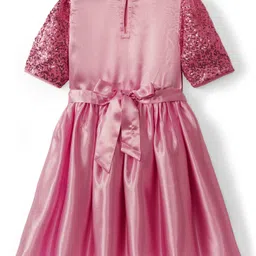Hola Bonita Woven Half Sleeves Party Dress with Sequins & Bow Applique - Rose Gold image 3