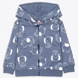 Ariel Cotton Knit Full Sleeves Elephants Printed Hooded Jacket - Blue image 4