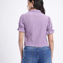 glitchez Seersucker Tie-Up Detail Peter Pan Collar Puff Sleeve Regular Top image 3